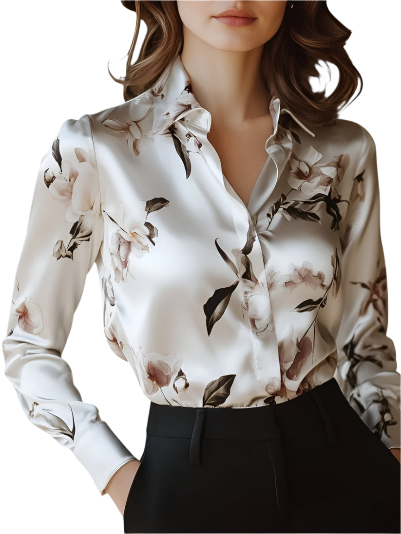 Floral Satin Button-Up Blouse
