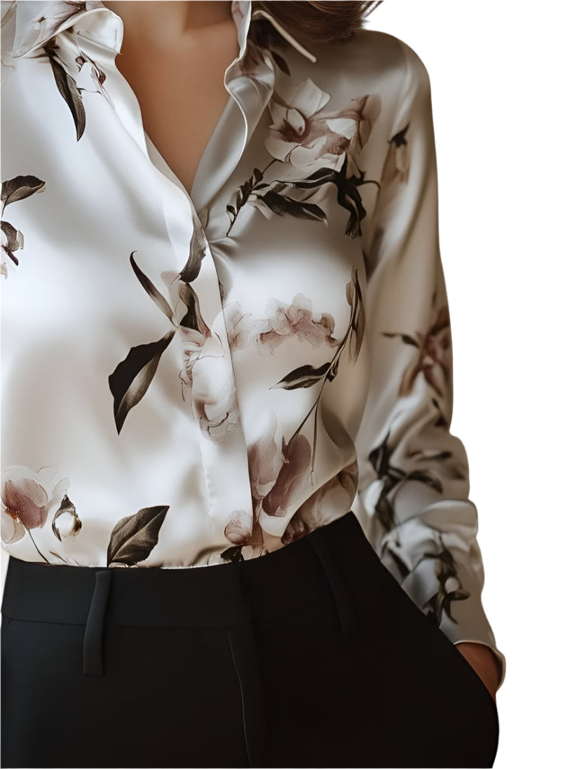 Floral Satin Button-Up Blouse